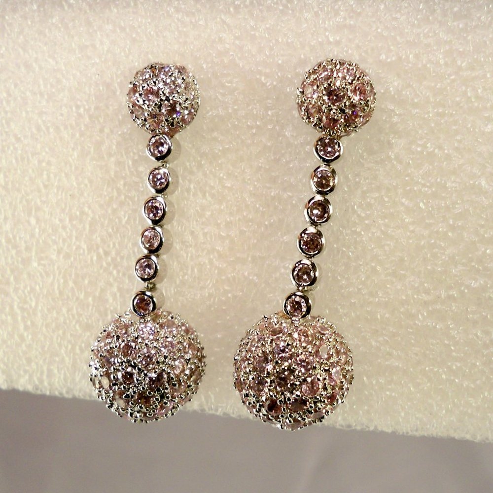 NEW Light Pink Cubic Zirconias Bezel Dangle Pierced Silver Earrings